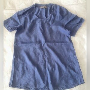 Flax Linen Short Sleeve Top Blue Small